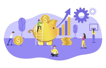  People put money in a piggy bank. Business concept of money saving. Vector flat illustration for design.