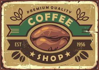 Poster - Coffee shop vintage old sign post with coffee bean and ribbon ornaments. Retro vector illustration.