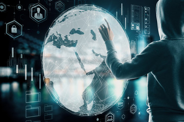 Poster - Business protection concept with hacker touching digital earth globe and media icons.