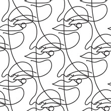 Seamless Vector Pattern With One Line Art Drawing Of A Face In Black