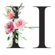 Floral Alphabet, Letter H With Watercolor Flowers And Leaf. Monogram Initials Perfectly For Wedding Invitations, Greeting Card, Logo, Poster And Other Design. Holiday Design Hand Painting.