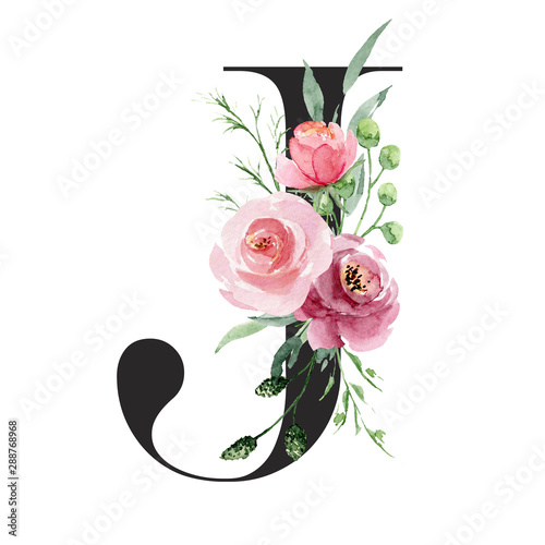 Floral alphabet, letter j with watercolor flowers and leaf. Monogram