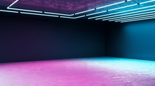 Minimal Techno Concept With Modern Empty Exhibition Hall With Blank Wall And Neon Paints.