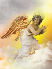 Canvas Afdrukken
 - Angel kneeling on a cloud in heaven. Religious background.