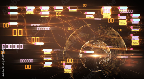 Cuadros en Lienzo Programming and technologies concept with node base programming at digital world map background