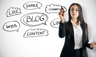 Poster - Blogging concept with woman drawing business scheme at light wall background.