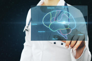 Doctor touching digital screen with medicalbrain reseach picture with brain lobes marked by neon color.