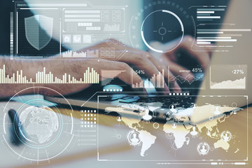 Aufkleber - Business technology concept with data analysis on digital screen and man hands typing on laptop. Double exposure.