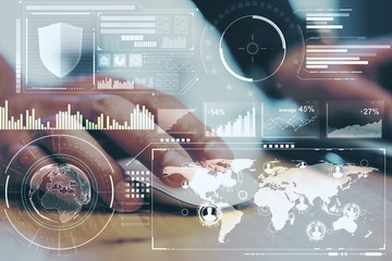 Aufkleber - Business technology concept with digital screen with diagram and graphs and hand with computer mouse. Double exposure.