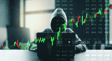 Poster - Business security concept with digital trading screen with graphs and hacker with laptop.Double exposure.
