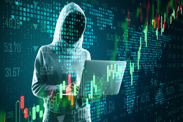 Poster - Business security concept with hacker with laptop and digital forex chart with graphs and pixel map.Double exposure.