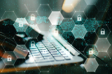 Aufkleber - Web security concept with digital lock icons in cells and pixel world map at blurry laptop background.Double exposure.
