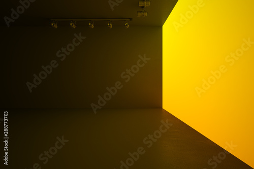 Modern style hall with blank yellow wall, lights and brown ceiling and floor,...