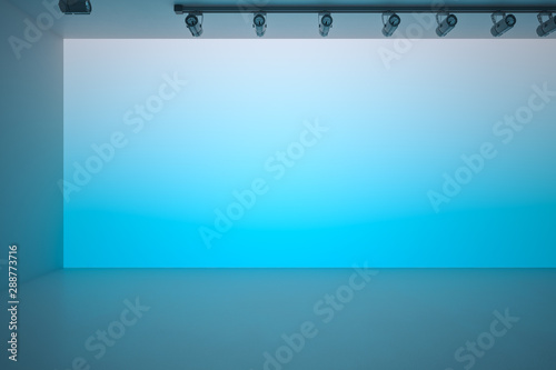 Blue gradient blank copyspace wall in spacious hall with blue ceiling and floor.