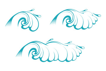  Sea Waves. Blue Stormy Wave. Ocean Tidal Storm Waves. Vector graphics to design.