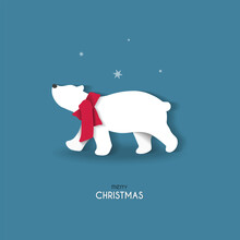 Christmas Greeting Card In Paper Cut Style. Polar Bear On Blue Background.