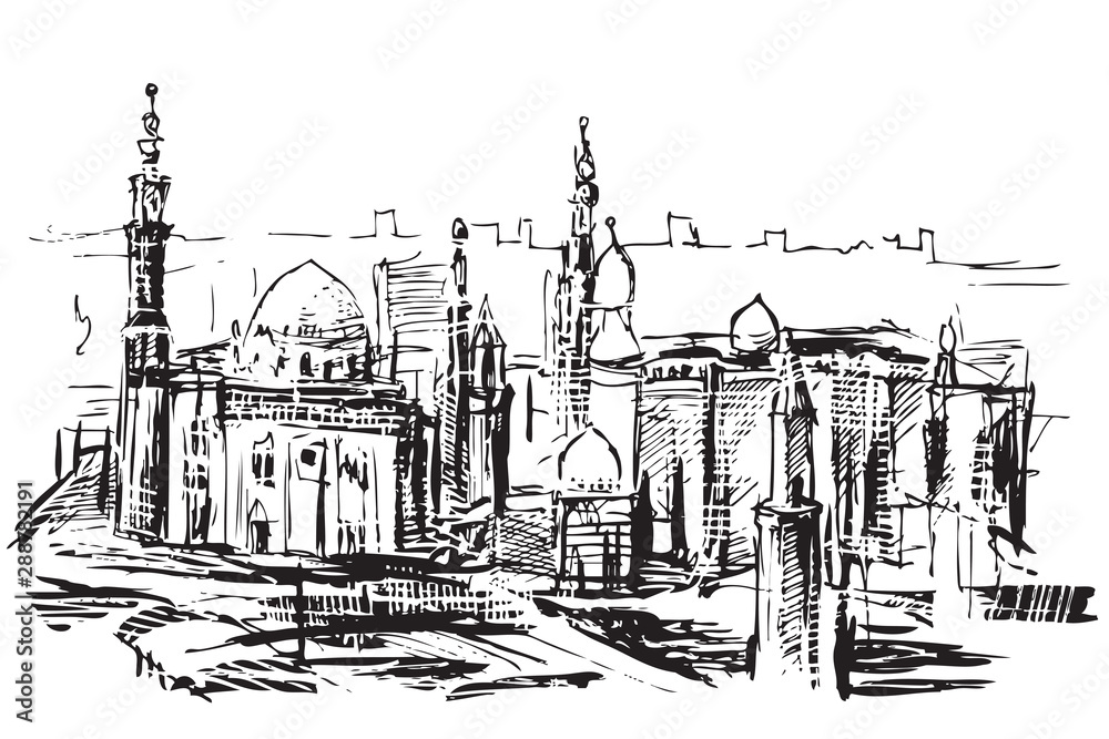 Rysynek ręcznie rysowany. Historyczna dzielnica w Kairze w Egipcie - obrazy, fototapety, plakaty 