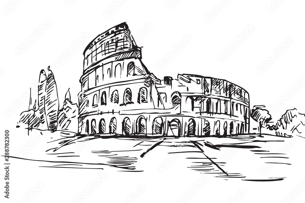 Rysynek ręcznie rysowany. Starożytne centrum Rzymu. Widok na Koloseum - obrazy, fototapety, plakaty 