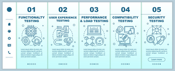 Software testing onboarding mobile web pages vector template. Responsive smartphone website interface idea with linear illustrations. Webpage walkthrough step screens. Color concept