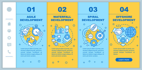 Software development methodologies onboarding mobile web pages vector template. Responsive smartphone website interface idea with linear illustrations. Webpage walkthrough step screens. Color concept