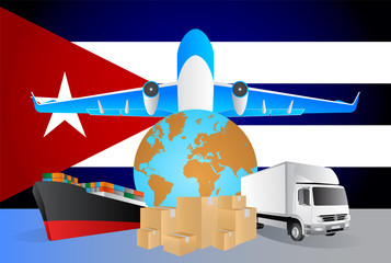 Poster - Cuba logistics concept illustration. National flag of Cuba from the back of globe, airplane, truck and cargo container ship