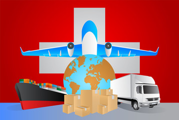 Switzerland logistics concept illustration. National flag of Switzerland from the back of globe, airplane, truck and cargo container ship