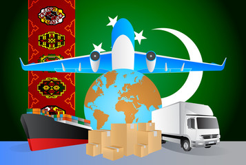 Poster - Turkmenistan logistics concept illustration. National flag of Turkmenistan from the back of globe, airplane, truck and cargo container ship
