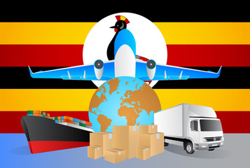 Poster - Uganda logistics concept illustration. National flag of Uganda from the back of globe, airplane, truck and cargo container ship