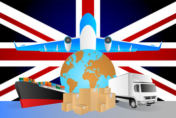 Poster - UK logistics concept illustration. National flag of UK from the back of globe, airplane, truck and cargo container ship