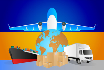 Poster - Ukraine logistics concept illustration. National flag of Ukraine from the back of globe, airplane, truck and cargo container ship