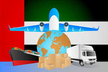 Poster - United Arab Emirates logistics concept illustration. National flag of United Arab Emirates from the back of globe, airplane, truck and cargo container ship