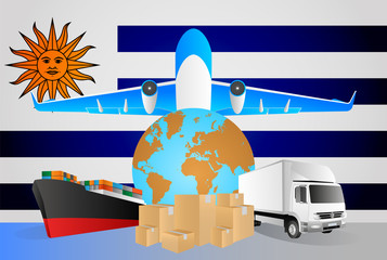 Poster - Uruguay logistics concept illustration. National flag of Uruguay from the back of globe, airplane, truck and cargo container ship
