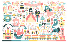 Princess Set. Fairy Kingdom, Prince, Fairy, Unicorn, Dragon, Castles, Carriage, And Much More. Vector Illustration In Cartoon Scandinavian Style. Perfect For Invitations, Cards, Textile Prints.