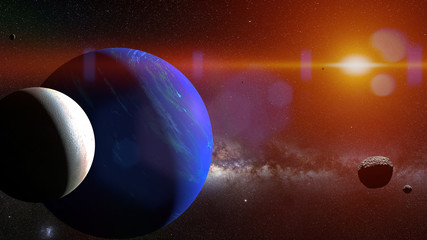 Wall Mural - planet neptune with its moon triton and some other moons lit by the sun