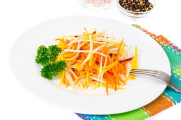 Poster - Tasty vegetarian salad of colorful carrots on white background.