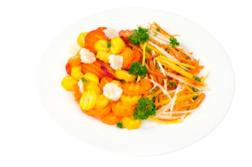 Poster - Tasty vegetarian salad of colorful carrots on white background.