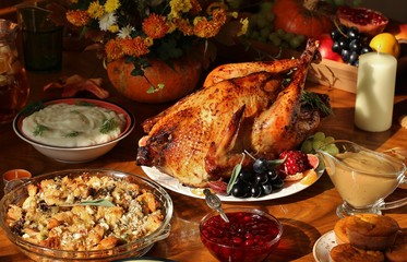 Poster - dishes for Thanksgiving. young turkey, cranberry sauce, pumpkin pie. sunny weather, the sun's rays illuminate the dishes. sunny autumn day.