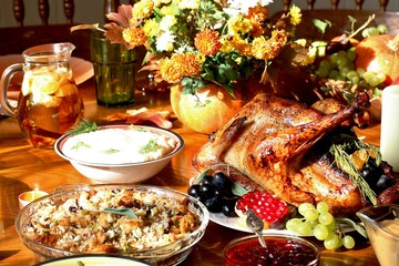 Poster - dishes for Thanksgiving. young turkey, cranberry sauce, pumpkin pie. sunny weather, the sun's rays illuminate the dishes. sunny autumn day.