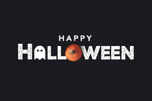 Happy Halloween Distressed Text With Pumpkin And Ghost Over Black Background