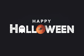 Happy Halloween Distressed Text with Pumpkin and Ghost Over Black Background