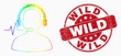 Pixel rainbow gradiented operator signal mosaic pictogram and Wild watermark. Red vector round scratched stamp with Wild message. Vector combination in flat style.