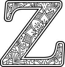 Initial Z In Black And White With Doodle Ornaments And Design Elements From Mandala Art Style For Coloring. Isolated On White Background