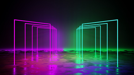 Wall Mural - purple and green neon light  with blackground,and concrete floor,3d render