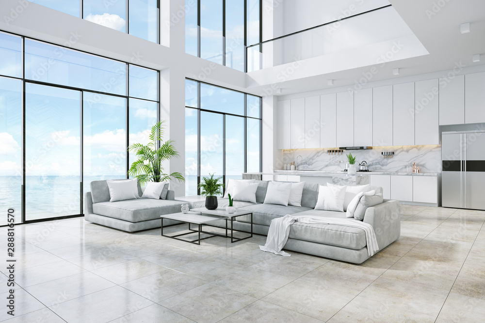 Modren living room and kitchen room interior with sea view ,luxury home,villa ,3d render Stock Illustration
