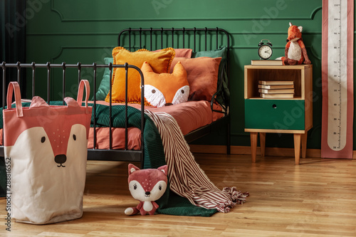 Fox Theme In Cute Bedroom Interior With Green Wall And