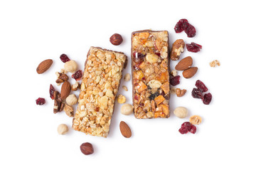 Granola bar with dried cranberries and nuts for healthy nutrition