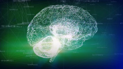 Poster - Artificial intelligence concept. A low-poly brain and digital numbers connected with lines.