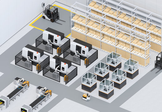 Dual-arm robot assembly motor coils in cell-production space. AGV, CNC machines at background. Smart factory concept in isometric view. 3D rendering image.
