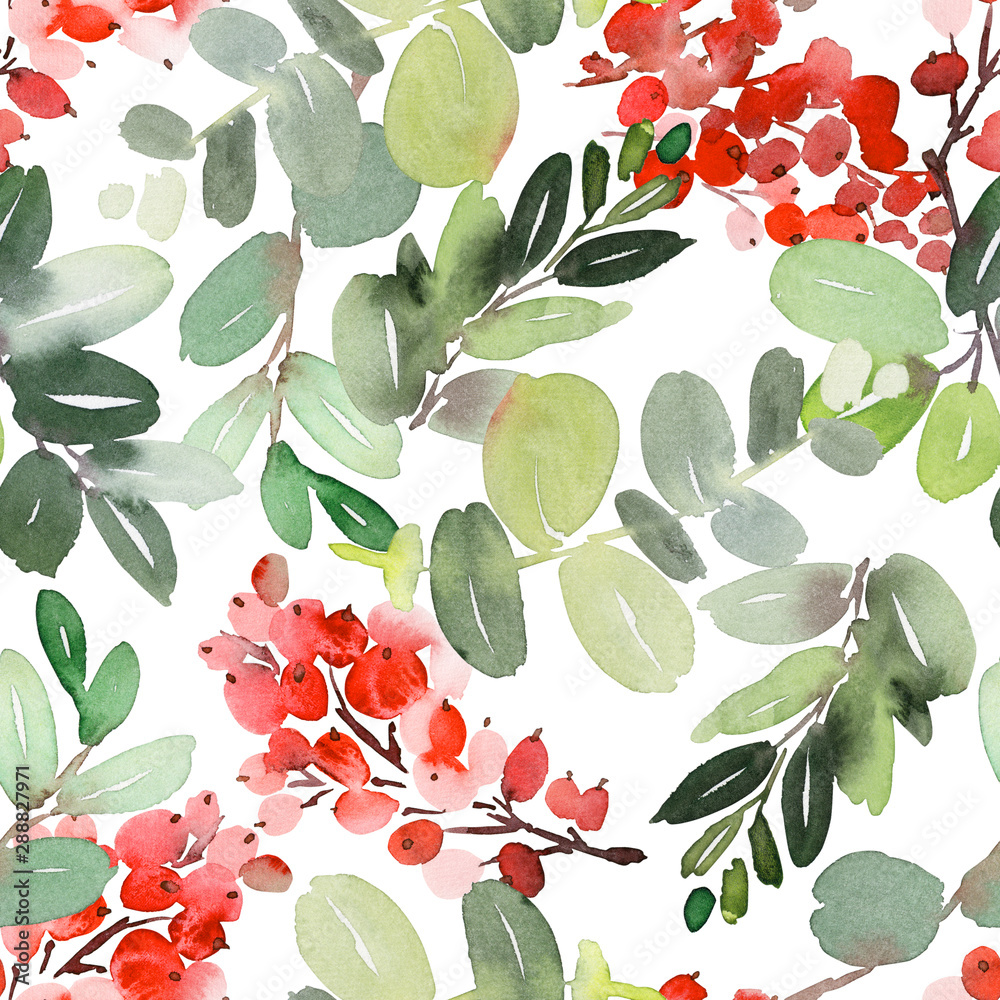 Seamless watercolor Christmas pattern with berries and spruce - obrazy, fototapety, plakaty 