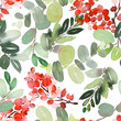 Seamless watercolor Christmas pattern with berries and spruce
